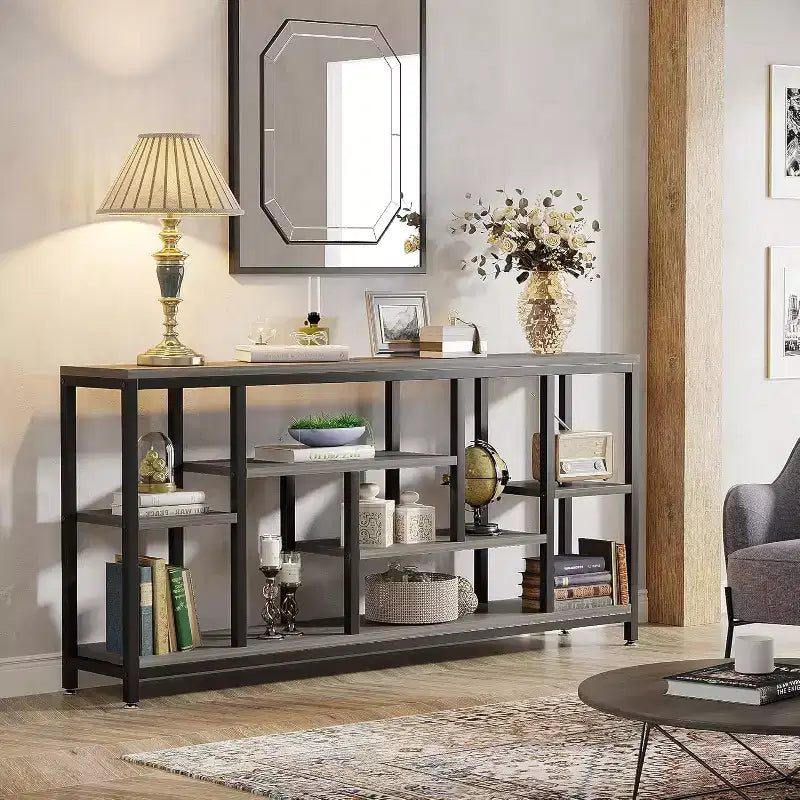 Console extra-longue de 70,86 pouces derrière le canapé avec étagères de rangement, Table d'appoint d'entrée étroite moderne à 6 niveaux