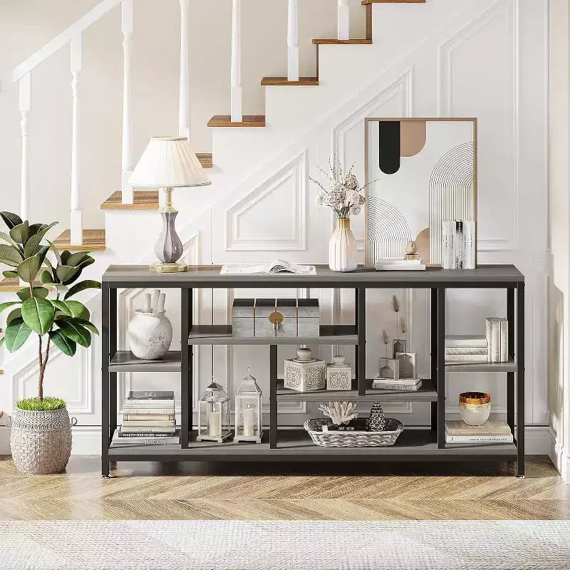 Console extra-longue de 70,86 pouces derrière le canapé avec étagères de rangement, Table d'appoint d'entrée étroite moderne à 6 niveaux