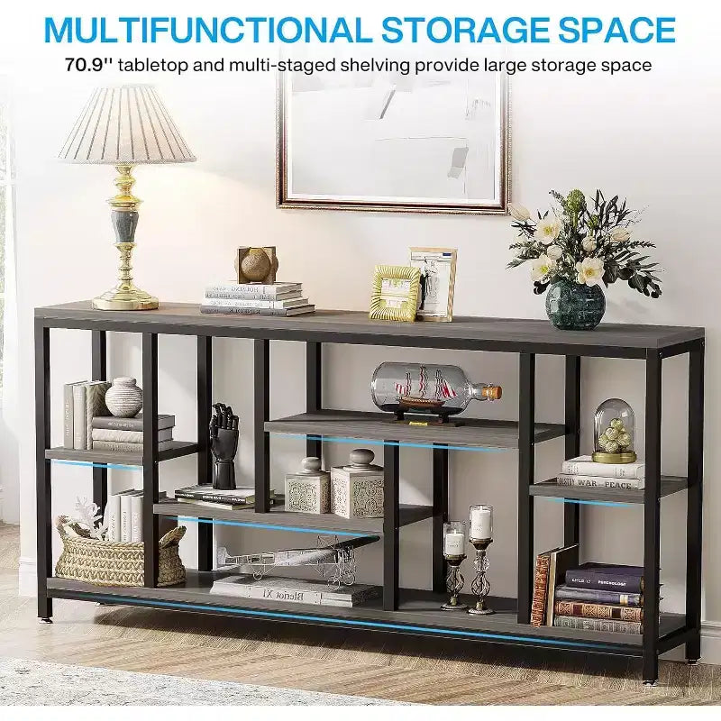Console extra-longue de 70,86 pouces derrière le canapé avec étagères de rangement, Table d'appoint d'entrée étroite moderne à 6 niveaux