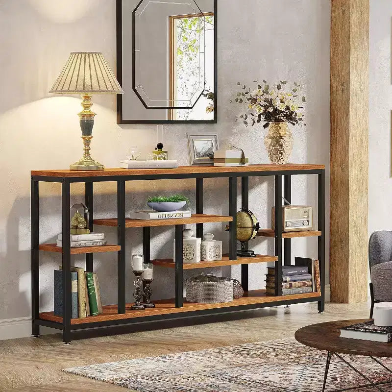 Console extra-longue de 70,86 pouces derrière le canapé avec étagères de rangement, Table d'appoint d'entrée étroite moderne à 6 niveaux