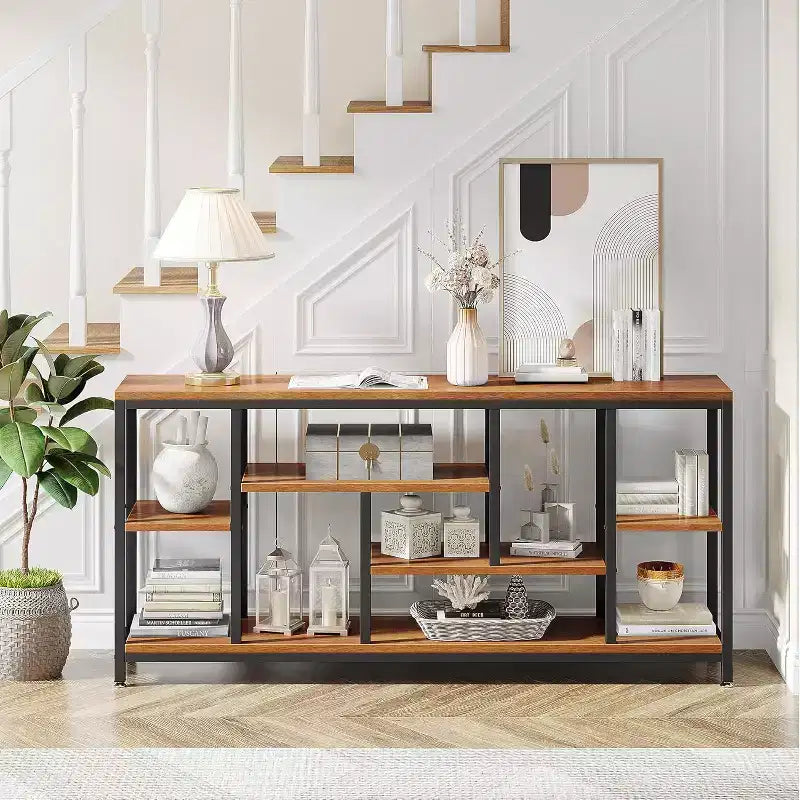 Console extra-longue de 70,86 pouces derrière le canapé avec étagères de rangement, Table d'appoint d'entrée étroite moderne à 6 niveaux