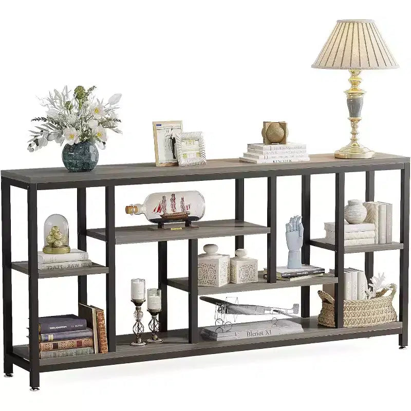 Console extra-longue de 70,86 pouces derrière le canapé avec étagères de rangement, Table d'appoint d'entrée étroite moderne à 6 niveaux