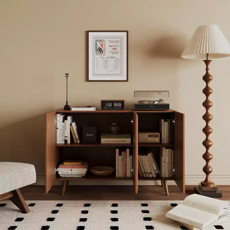 Meuble de rangement décoratif 47 po en rotin et bois massif avec portes et étagères