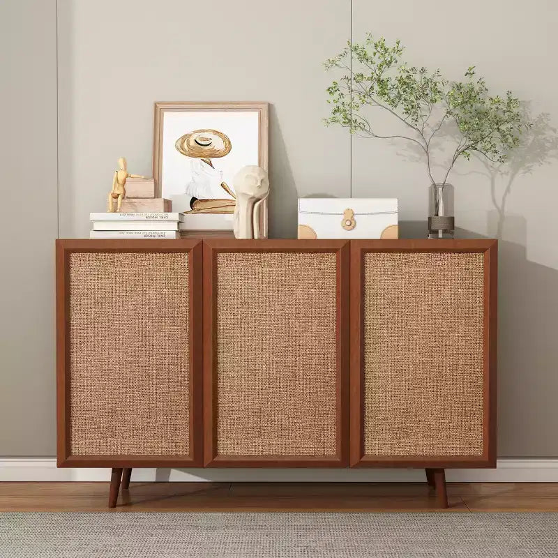Meuble de rangement décoratif 47 po en rotin et bois massif avec portes et étagères