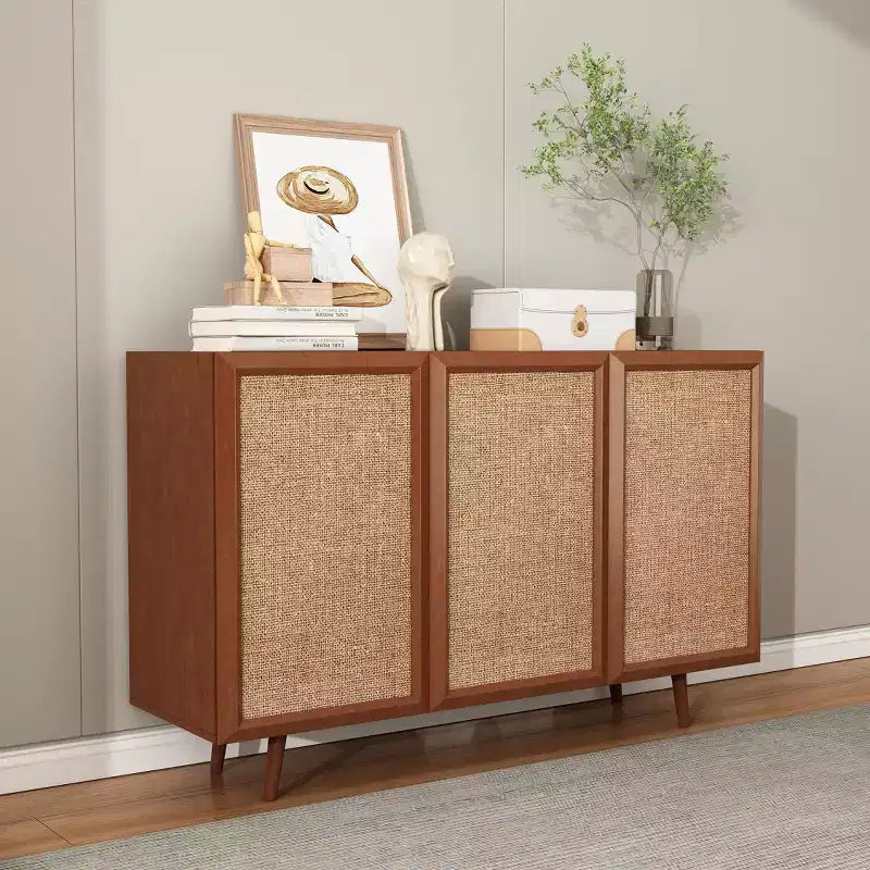 Meuble de rangement décoratif 47 po en rotin et bois massif avec portes et étagères