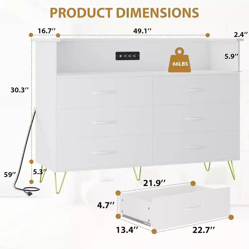 Commode intelligente – Rangement à 6 tiroirs avec éclairage LED et station de charge