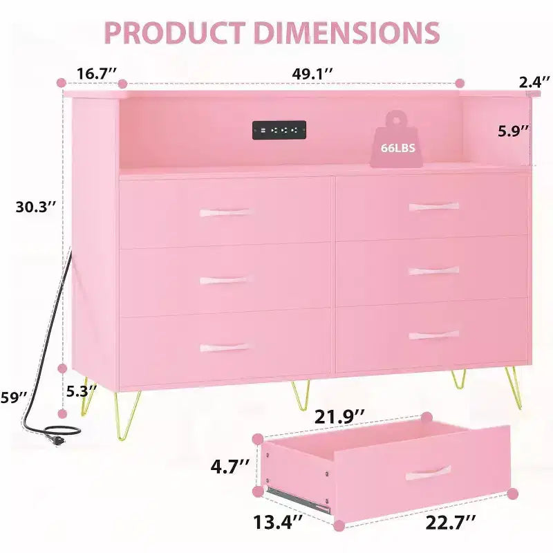 Commode intelligente – Rangement à 6 tiroirs avec éclairage LED et station de charge