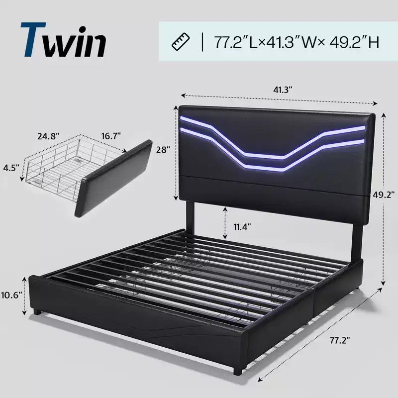 Cadre de lit avec lumières LED et tiroirs de rangement, tête de lit en similicuir, aucun sommier tapissier requis