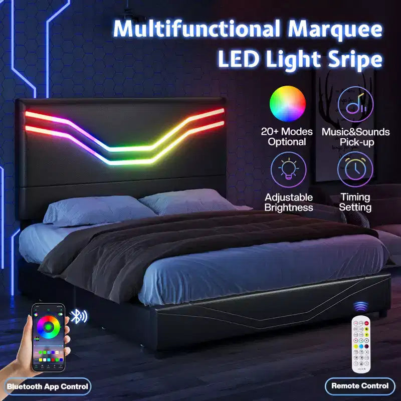 Cadre de lit avec lumières LED et tiroirs de rangement, tête de lit en similicuir, aucun sommier tapissier requis