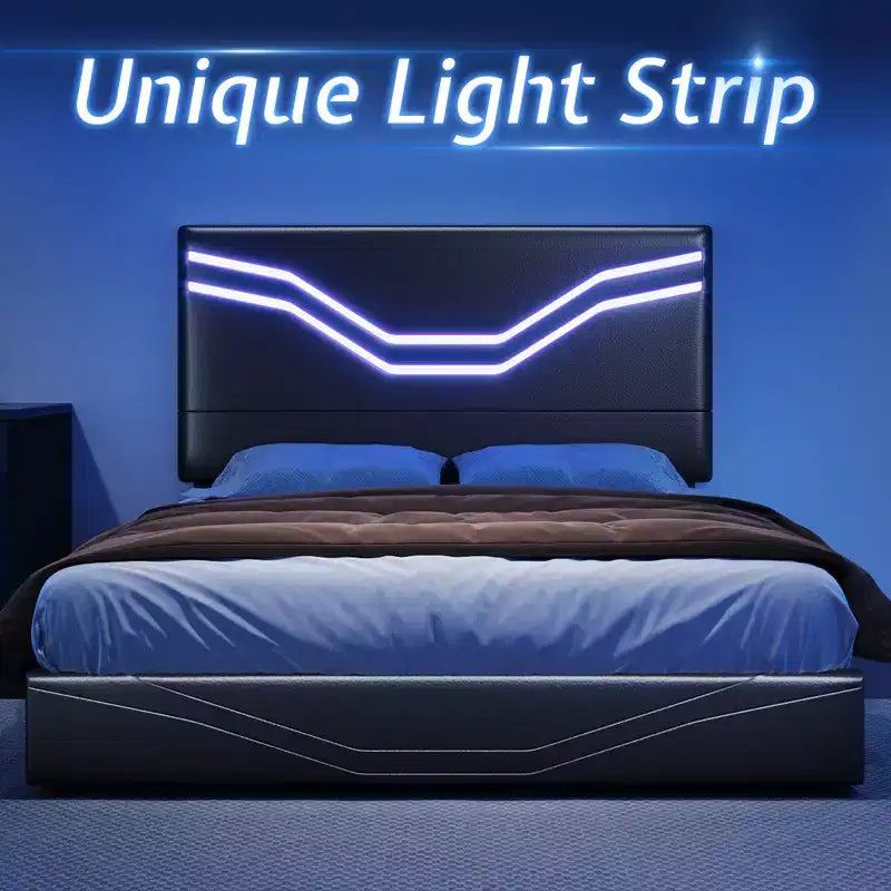 Cadre de lit avec lumières LED et tiroirs de rangement, tête de lit en similicuir, aucun sommier tapissier requis