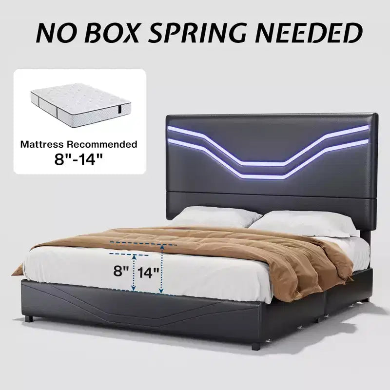 Cadre de lit avec lumières LED et tiroirs de rangement, tête de lit en similicuir, aucun sommier tapissier requis
