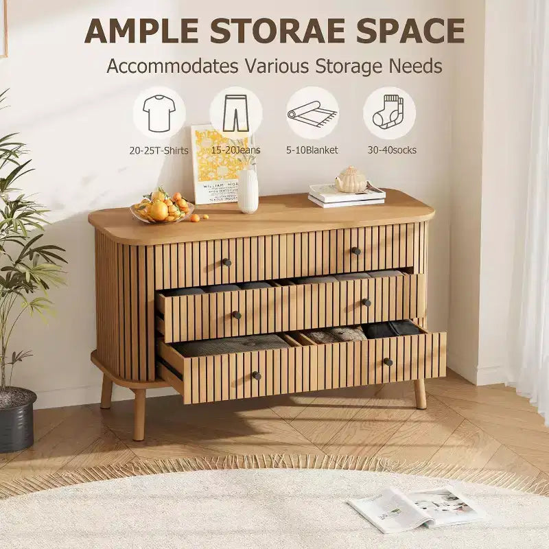 Commode 6 tiroirs style Mid-Century, bois naturel avec accents noirs