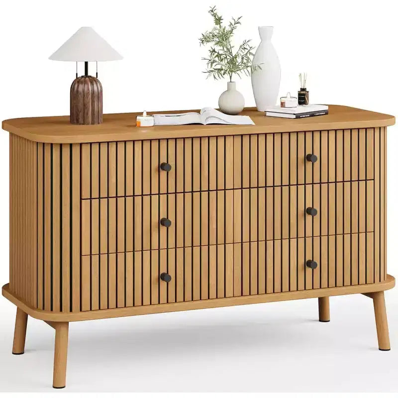 Commode 6 tiroirs style Mid-Century, bois naturel avec accents noirs