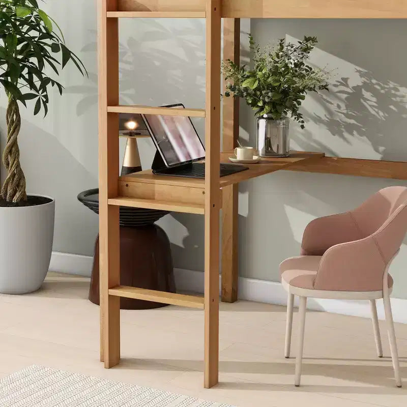 Lit mezzanine double avec garde-corps de sécurité, bureau intégré, échelle beige