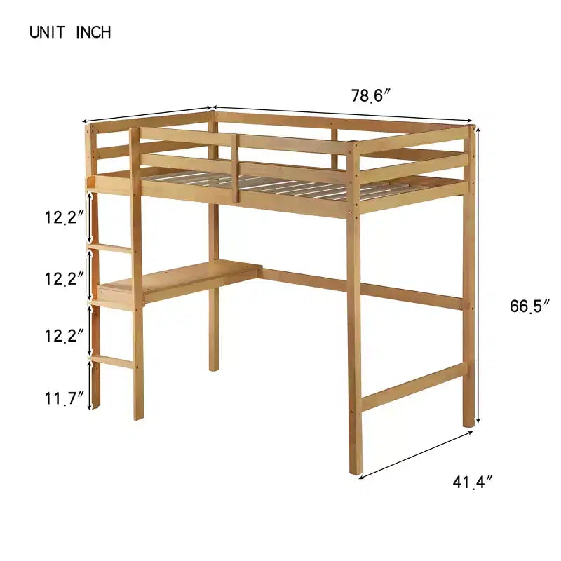 Lit mezzanine double avec garde-corps de sécurité, bureau intégré, échelle beige