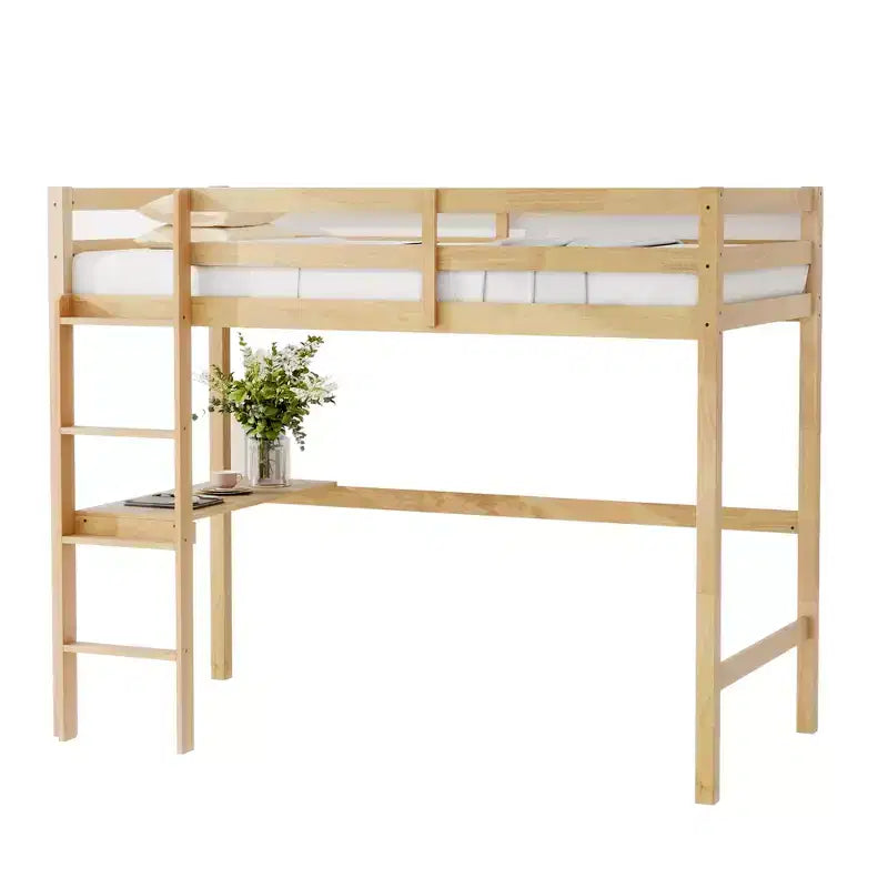 Lit mezzanine double avec garde-corps de sécurité, bureau intégré, échelle beige