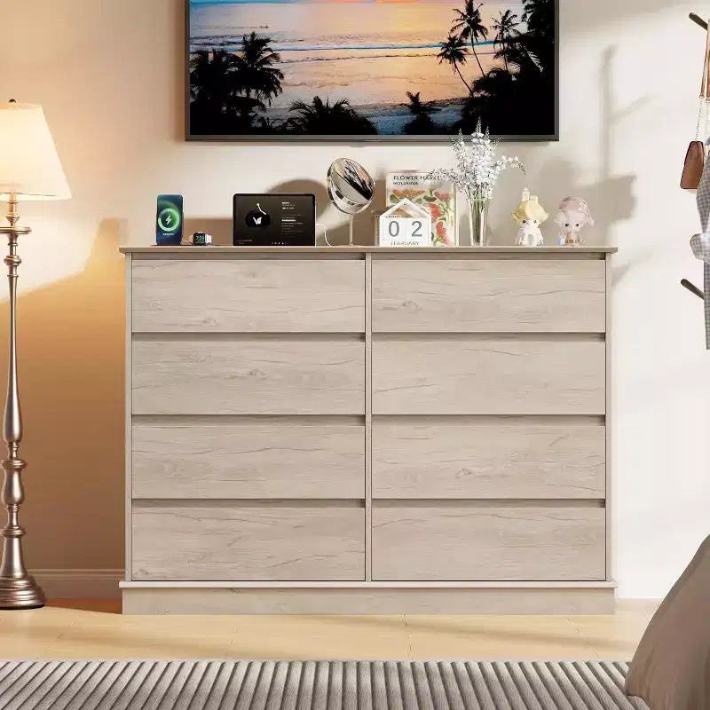 Commode à 8 tiroirs pour chambre à coucher, double commode large, grande commode horizontale avec tiroirs profonds, rangement moderne pour salon, couloir, chambre d'enfant