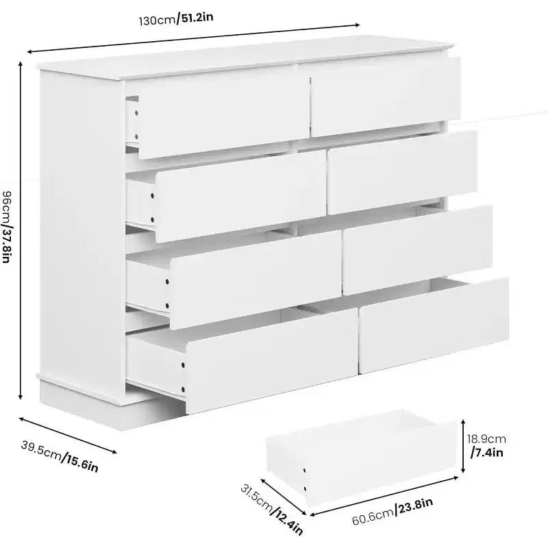 Commode à 8 tiroirs pour chambre à coucher, double commode large, grande commode horizontale avec tiroirs profonds, rangement moderne pour salon, couloir, chambre d'enfant