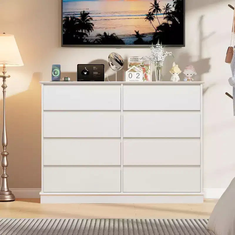 Commode à 8 tiroirs pour chambre à coucher, double commode large, grande commode horizontale avec tiroirs profonds, rangement moderne pour salon, couloir, chambre d'enfant