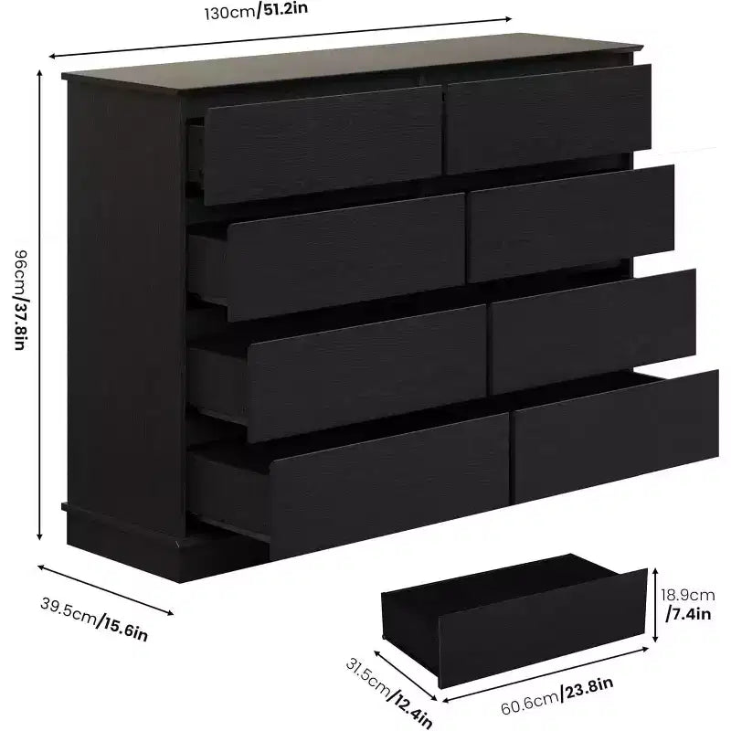 Commode à 8 tiroirs pour chambre à coucher, double commode large, grande commode horizontale avec tiroirs profonds, rangement moderne pour salon, couloir, chambre d'enfant
