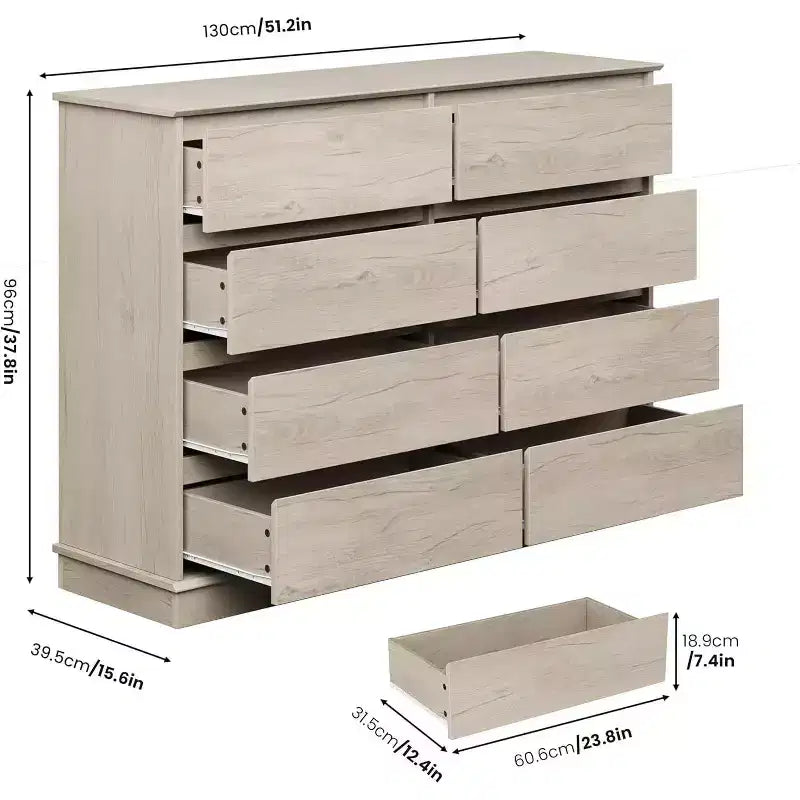 Commode à 8 tiroirs pour chambre à coucher, double commode large, grande commode horizontale avec tiroirs profonds, rangement moderne pour salon, couloir, chambre d'enfant