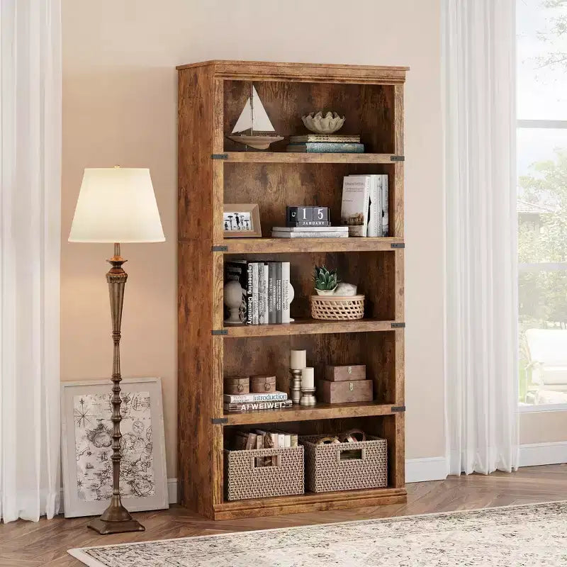 Étagère à livres à 5 niveaux en bois, bibliothèque de style ferme avec rangement, étagère haute de 180 cm, bibliothèque en bois de 171 cm (H) x 80 cm (L) x 32,5 cm (P)