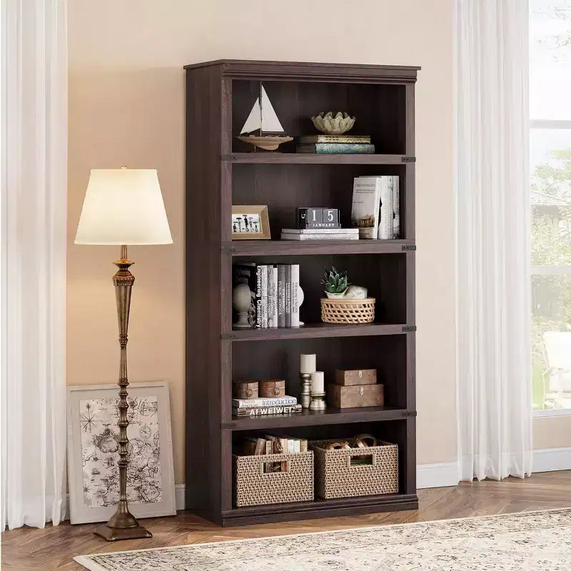 Étagère à livres à 5 niveaux en bois, bibliothèque de style ferme avec rangement, étagère haute de 180 cm, bibliothèque en bois de 171 cm (H) x 80 cm (L) x 32,5 cm (P)