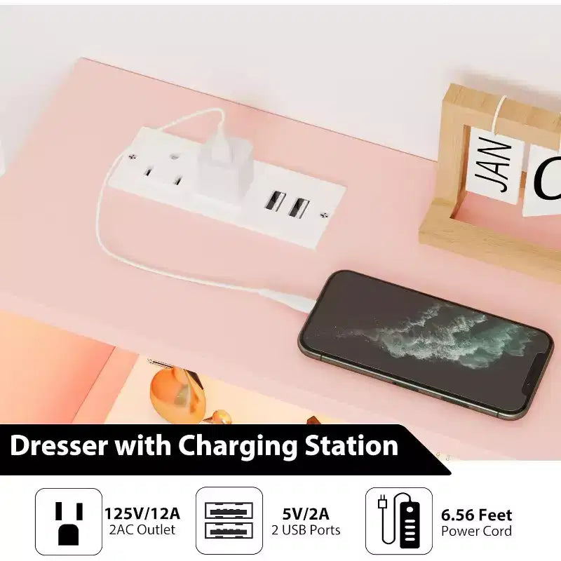 Commode à 6 tiroirs, commode en bois avec station de charge, meuble de rangement moderne, meuble TV avec tiroirs pour salon