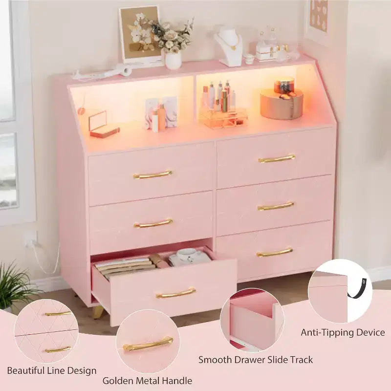 Commode à 6 tiroirs, commode en bois avec station de charge, meuble de rangement moderne, meuble TV avec tiroirs pour salon