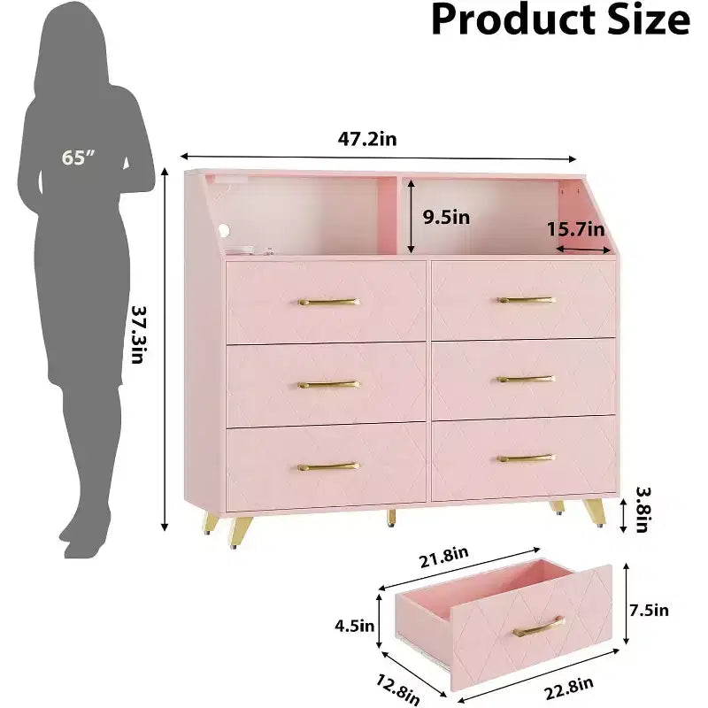 Commode à 6 tiroirs, commode en bois avec station de charge, meuble de rangement moderne, meuble TV avec tiroirs pour salon