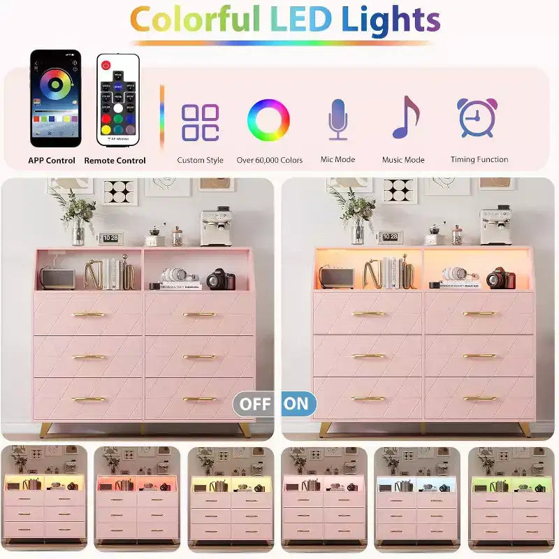 Commode à 6 tiroirs, commode en bois avec station de charge, meuble de rangement moderne, meuble TV avec tiroirs pour salon