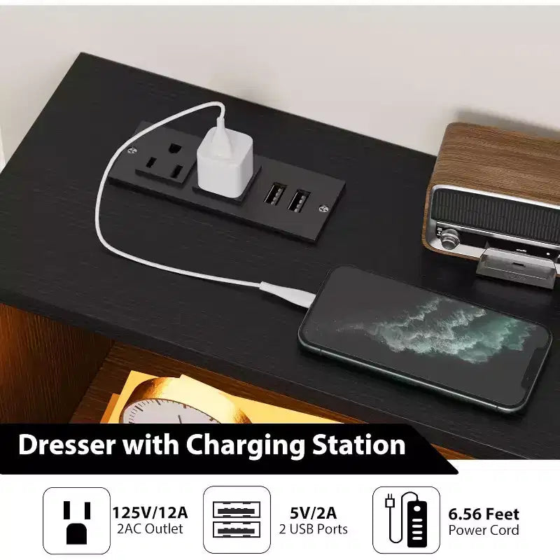 Commode à 6 tiroirs, commode en bois avec station de charge, meuble de rangement moderne, meuble TV avec tiroirs pour salon