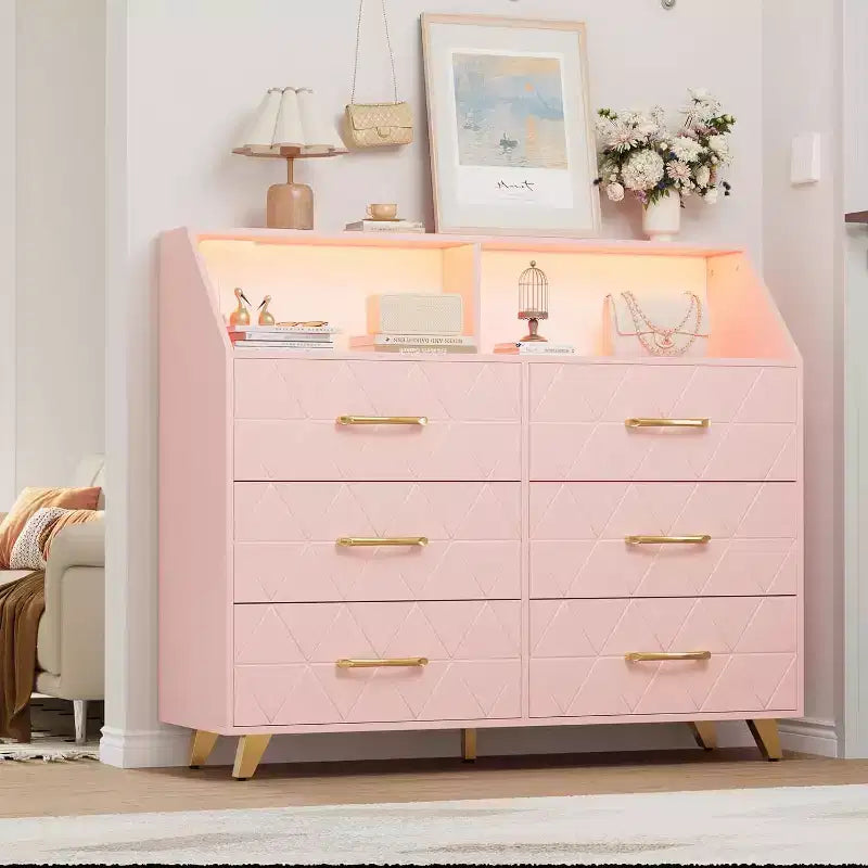 Commode à 6 tiroirs, commode en bois avec station de charge, meuble de rangement moderne, meuble TV avec tiroirs pour salon