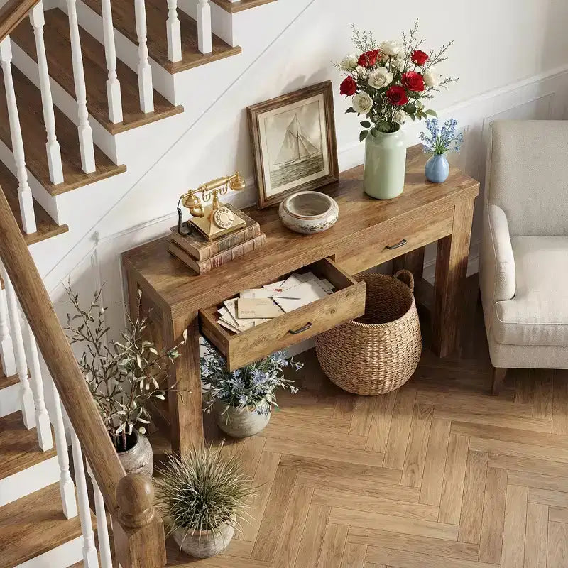 Table console de style rustique de 63 pouces, table d'entrée avec pieds en H et 2 tiroirs