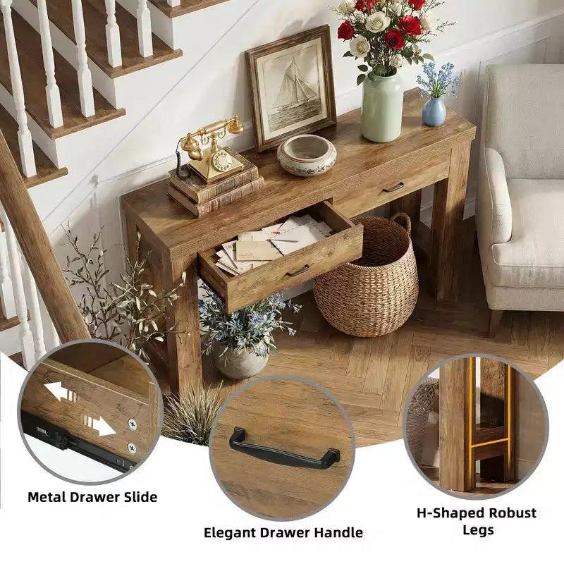 Table console de style rustique de 63 pouces, table d'entrée avec pieds en H et 2 tiroirs