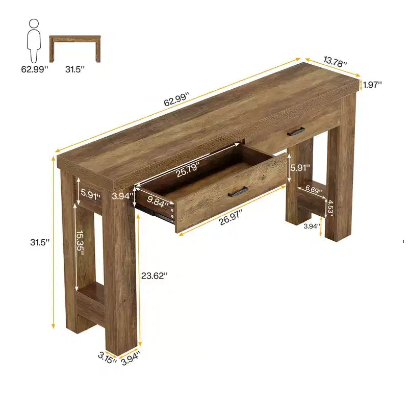 Table console de style rustique de 63 pouces, table d'entrée avec pieds en H et 2 tiroirs