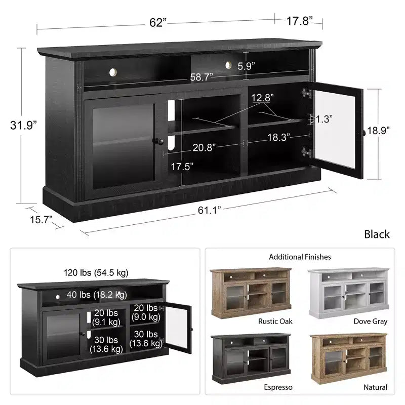 Meuble TV Chicago de 62 po de large Convient aux téléviseurs jusqu'à 65 po Fini grain de bois brun clair Rangement à tablettes ouvertes Couleur naturelle