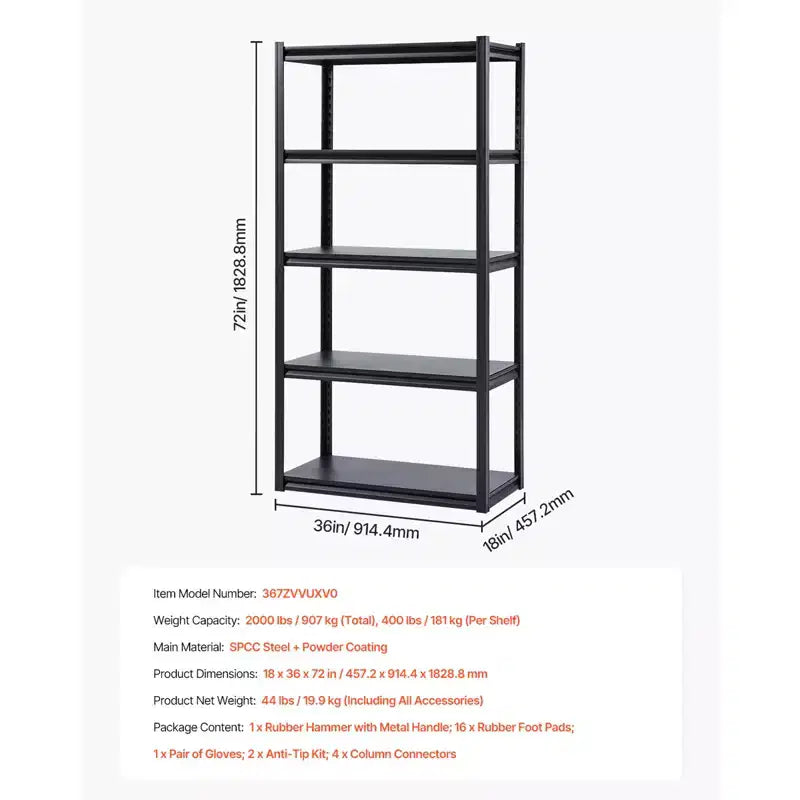 Étagères de rangement, 907 kg, étagères de rangement à 5 niveaux pour garage, étagères métalliques réglables 45,7 P x 91,4 L x 182,9 H pour garage, étagère utilitaire, noir