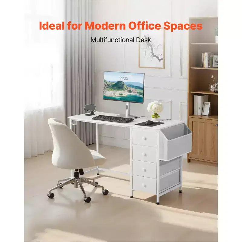 Bureau d'ordinateur avec tiroirs en tissu, bureau de travail/étude réversible de 119 cm pour bureau à domicile ou chambre moderne, blanc