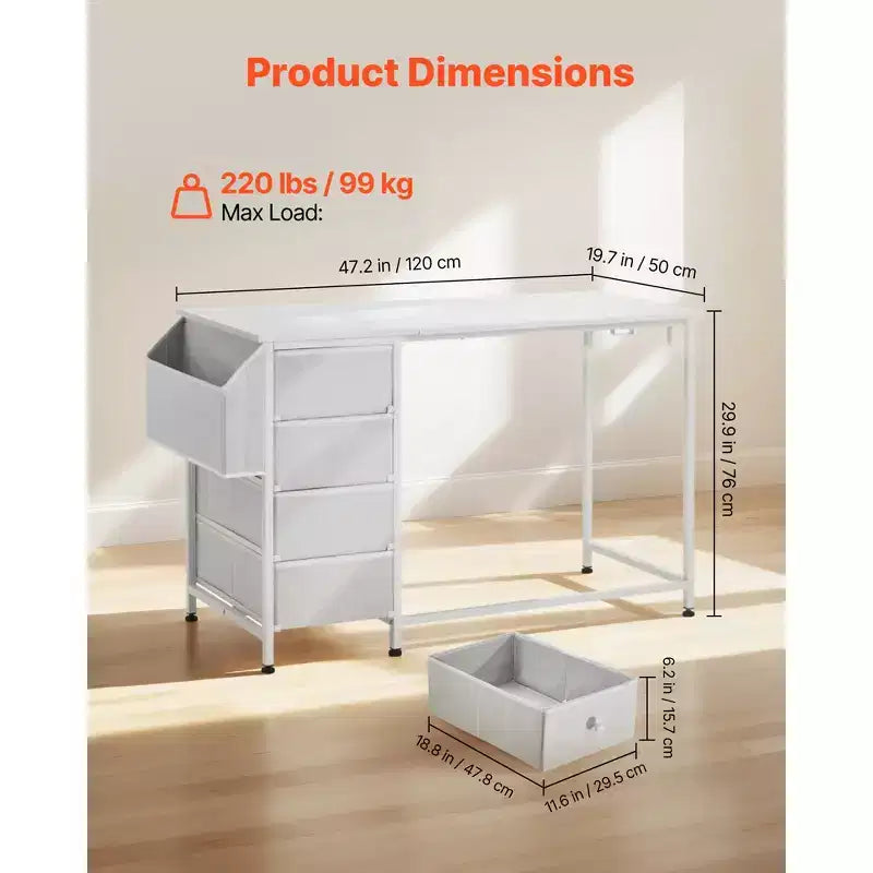 Bureau d'ordinateur avec tiroirs en tissu, bureau de travail/étude réversible de 119 cm pour bureau à domicile ou chambre moderne, blanc