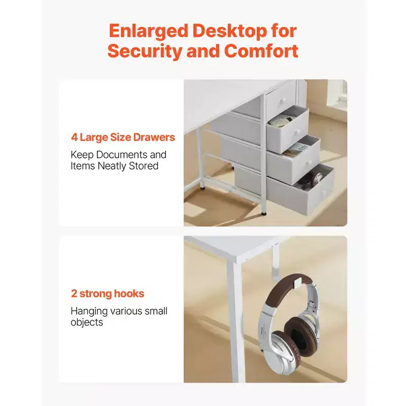 Bureau d'ordinateur avec tiroirs en tissu, bureau de travail/étude réversible de 119 cm pour bureau à domicile ou chambre moderne, blanc