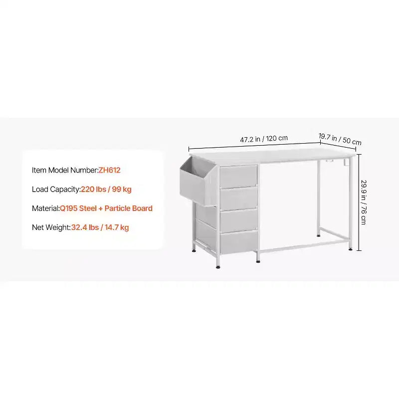 Bureau d'ordinateur avec tiroirs en tissu, bureau de travail/étude réversible de 119 cm pour bureau à domicile ou chambre moderne, blanc