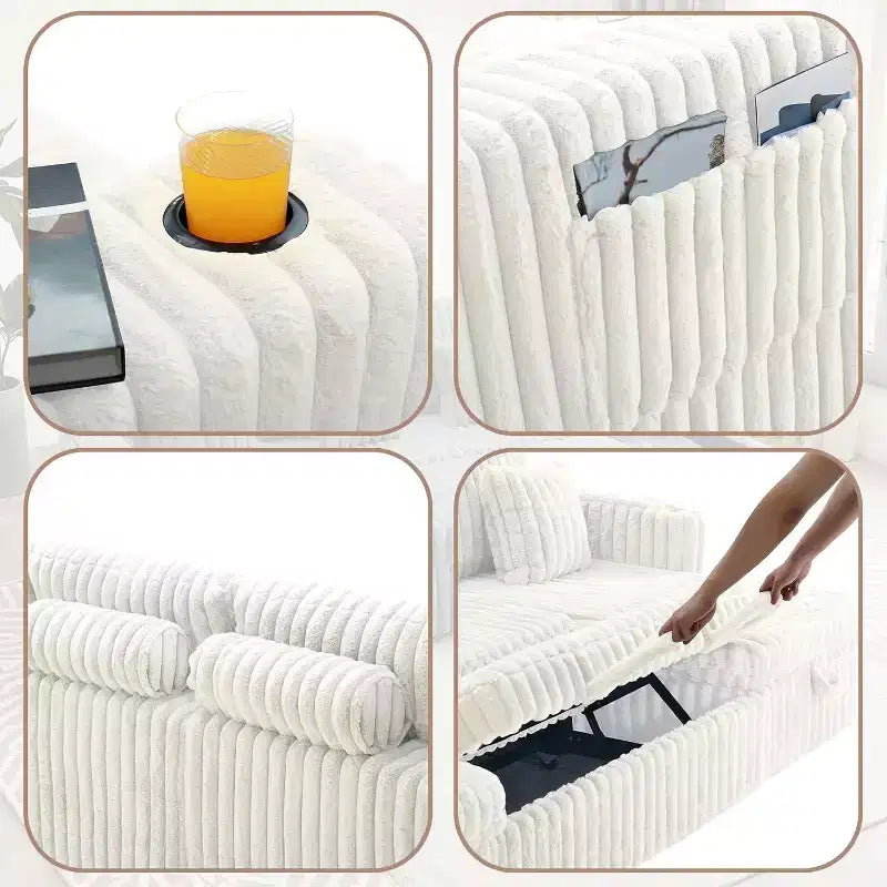 Canapé-lit d'angle en U de 315 cm avec rangement, grand canapé convertible avec lit gigogne, dossier réglable, ports USB et porte-gobelets, blanc