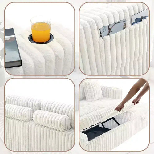 Canapé-lit d'angle en U de 315 cm avec rangement, grand canapé convertible avec lit gigogne, dossier réglable, ports USB et porte-gobelets, blanc