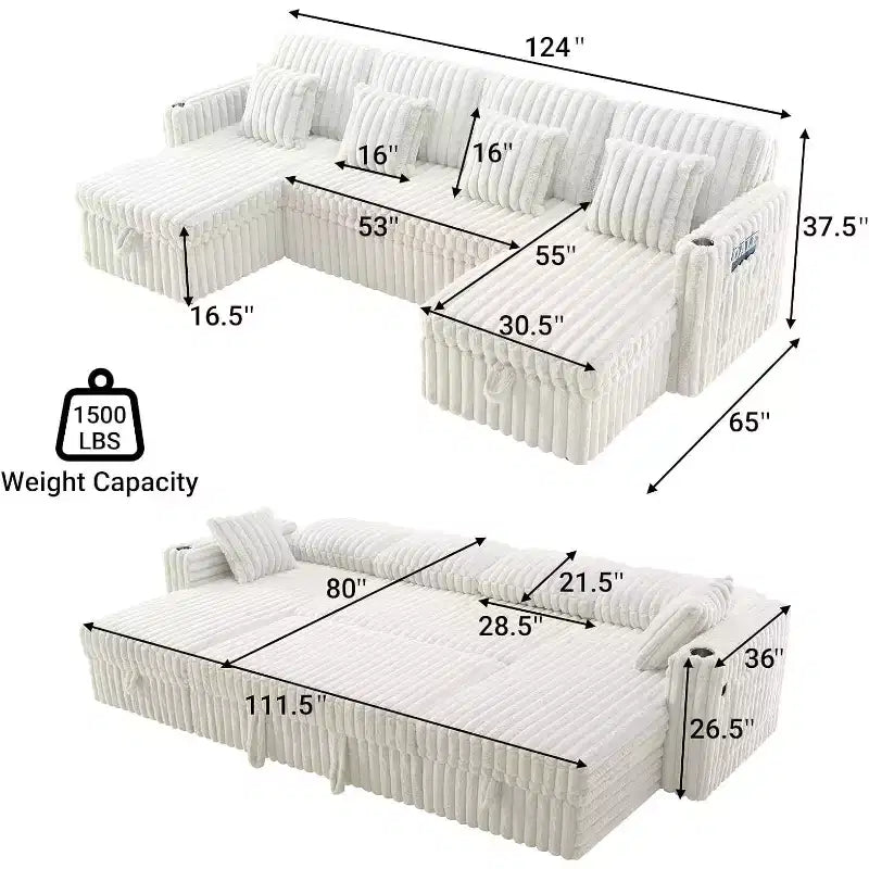 Canapé-lit d'angle en U de 315 cm avec rangement, grand canapé convertible avec lit gigogne, dossier réglable, ports USB et porte-gobelets, blanc