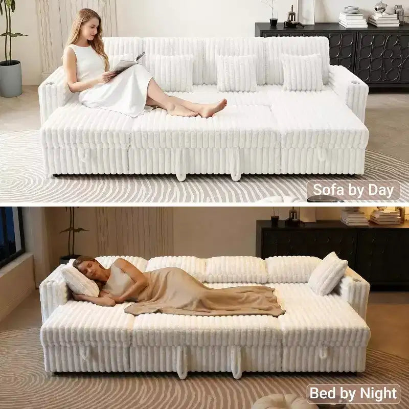 Canapé-lit d'angle en U de 315 cm avec rangement, grand canapé convertible avec lit gigogne, dossier réglable, ports USB et porte-gobelets, blanc