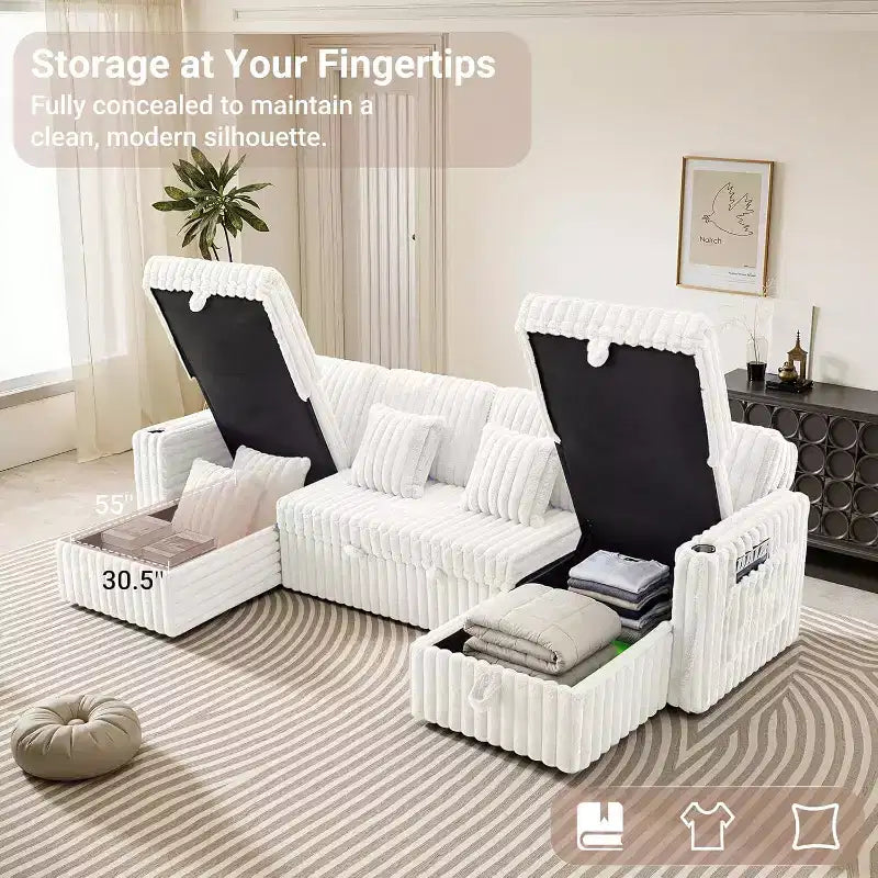 Canapé-lit d'angle en U de 315 cm avec rangement, grand canapé convertible avec lit gigogne, dossier réglable, ports USB et porte-gobelets, blanc