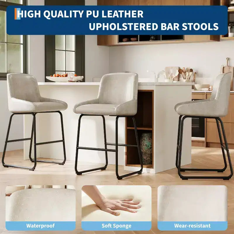 Tabourets de bar modernes en similicuir (lot de 4), chaises rembourrées sans accoudoirs avec dossier et repose-pieds, structure en métal, pour cuisine ou comptoir