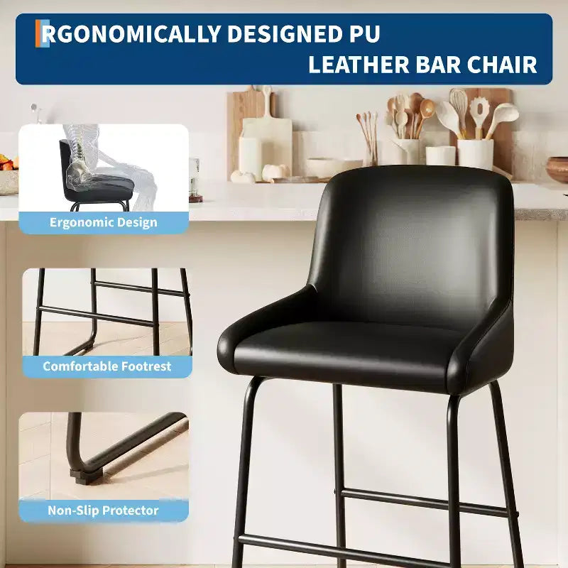 Tabourets de bar modernes en similicuir (lot de 4), chaises rembourrées sans accoudoirs avec dossier et repose-pieds, structure en métal, pour cuisine ou comptoir