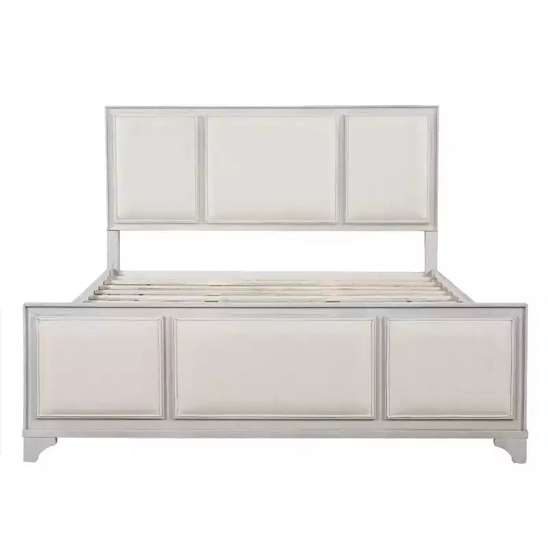 Lit plateforme en bois King/Queen size avec tête et pied de lit rembourrés beiges, cadre de lit de style ferme moderne